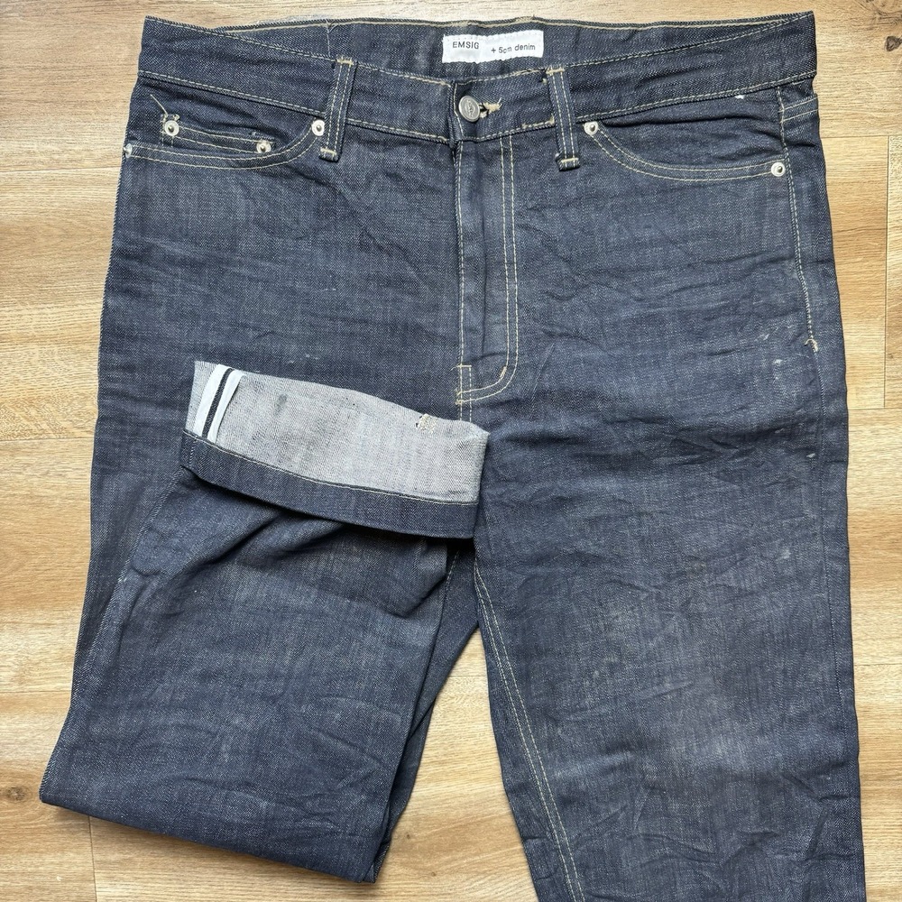 Selvedge Jeans Mens 34x27 Blue Dark Wash Raw Japanese Denim Work Distress Hemmed